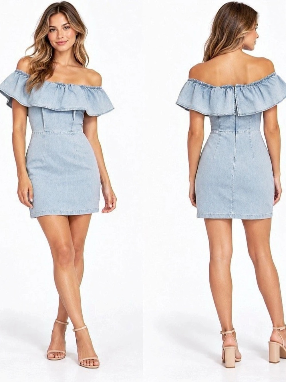 Jealous Tomato Light Wash Denim Off Shoulder Ruffle Bodycon Dress